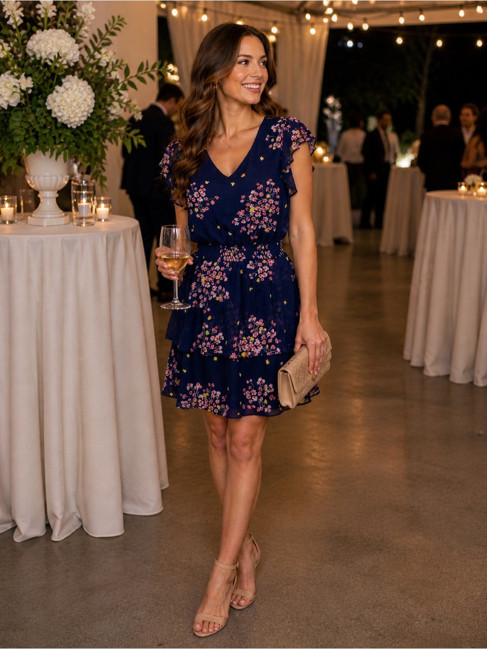 NWT - S - Women's Navy Floral Tiered V-Neck Dress